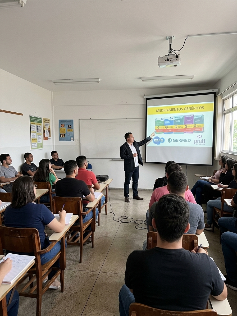 João Roberto dando aula sobre medicamentos genéricos para uma turma