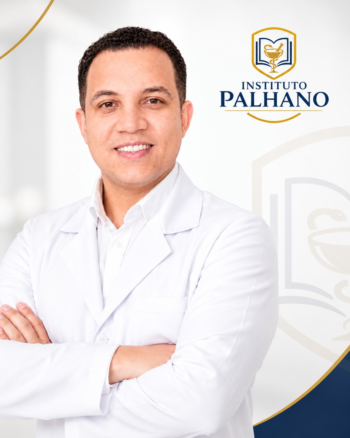 João Roberto da Rosa, farmacêutico e professor do curso, de jaleco branco ao lado da marca do Instituto Palhano